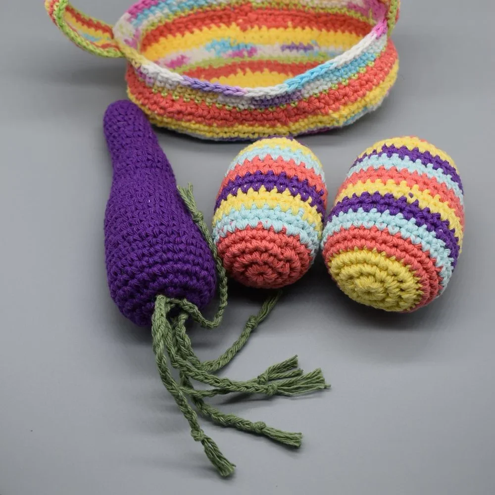 Hand Crafted Crochet Kitty Cat Easter Basket With Catnip Eggs and Carrot Toys